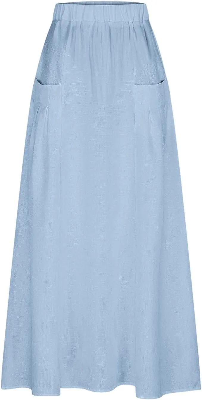 Women Casual Elastic High Waist Long Maxi Skirts Stretch Lightweight Plus Size Knee Length Skirt Summer Beach Dress