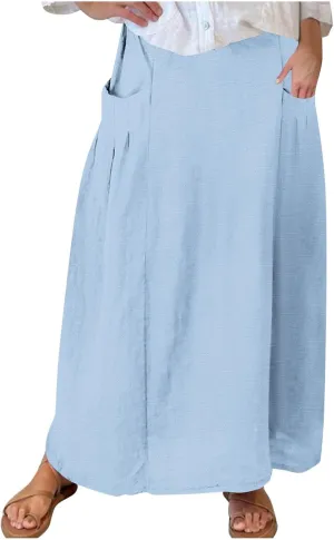 Women Casual Elastic High Waist Long Maxi Skirts Stretch Lightweight Plus Size Knee Length Skirt Summer Beach Dress