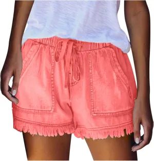 Women Denim Shorts 3 Inch Inseam Casual Summer Elastic High Waisted Jeans Frayed Raw Hem Jean Shorts with Pockets