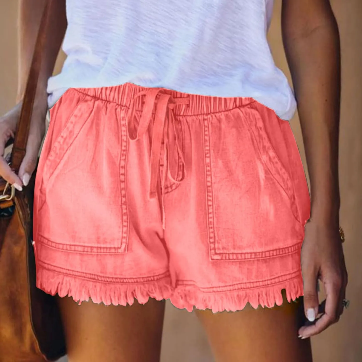 Women Denim Shorts 3 Inch Inseam Casual Summer Elastic High Waisted Jeans Frayed Raw Hem Jean Shorts with Pockets