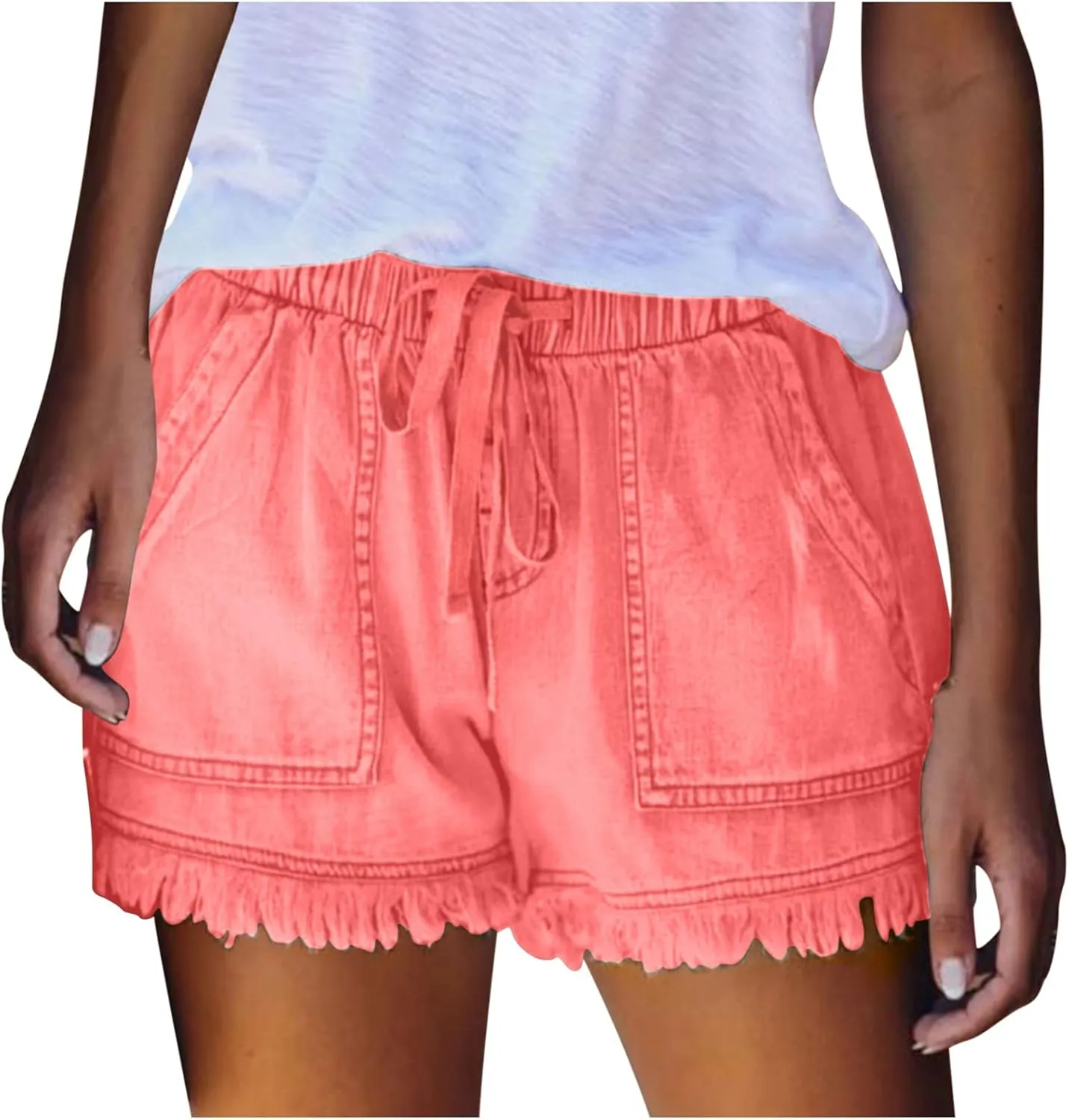 Women Denim Shorts 3 Inch Inseam Casual Summer Elastic High Waisted Jeans Frayed Raw Hem Jean Shorts with Pockets