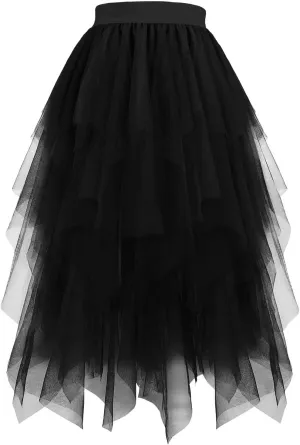 Women Fashion Layered Tulle Skirts, High Waisted Irregular Hem Midi Skirts Tutu Layered Puffy Fairy Skirts Party Clothes