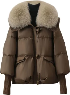 Women Faux Fur Collar Puffer Jacket Loose Warm Thick Snow Jackets Full Zipper Batwing Sleeve Down Jacket with Pocket