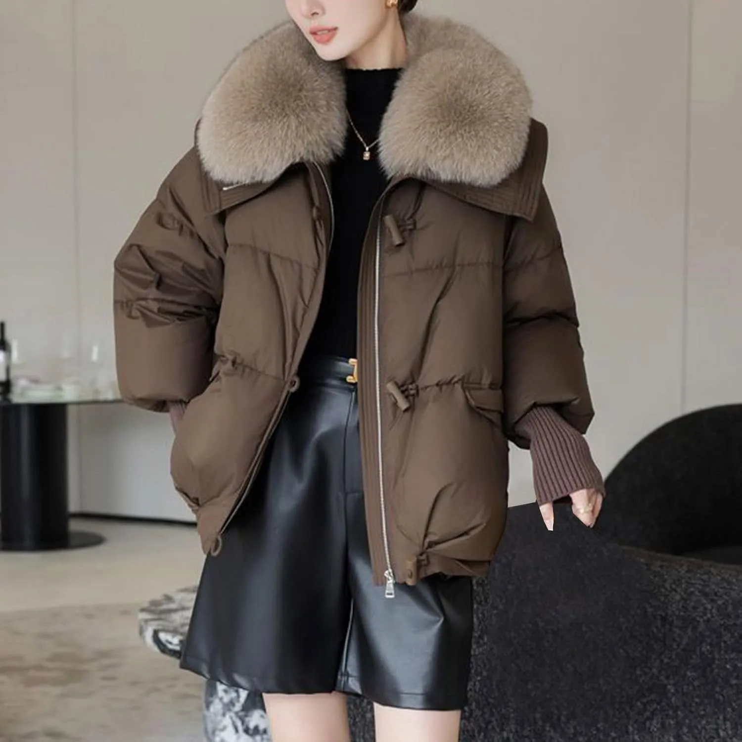 Women Faux Fur Collar Puffer Jacket Loose Warm Thick Snow Jackets Full Zipper Batwing Sleeve Down Jacket with Pocket
