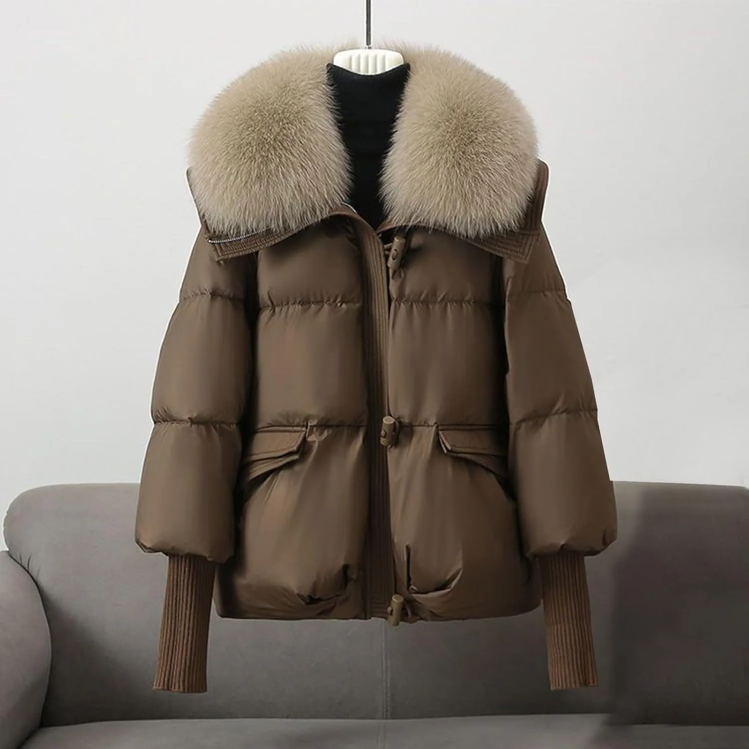 Women Faux Fur Collar Puffer Jacket Loose Warm Thick Snow Jackets Full Zipper Batwing Sleeve Down Jacket with Pocket