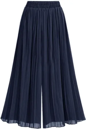 Women Flowy Chiffon Pleated Palazzo Pants Summer High Waist Wide Leg Capri Pant Culottes Elegant Dancing Cropped Trousers