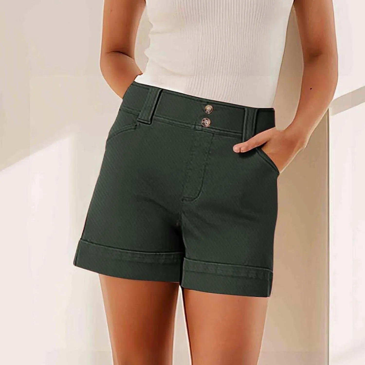 Women High Waisted Jean Shorts Stretchy Twill Denim Short for Women Folded Hem Chino Shorts Summer Jorts Plus Size