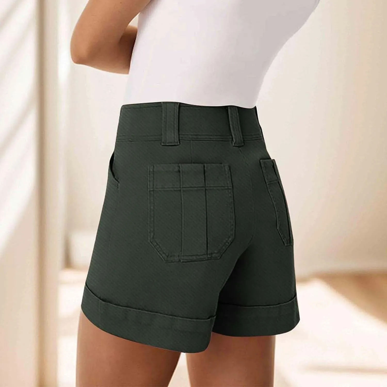 Women High Waisted Jean Shorts Stretchy Twill Denim Short for Women Folded Hem Chino Shorts Summer Jorts Plus Size