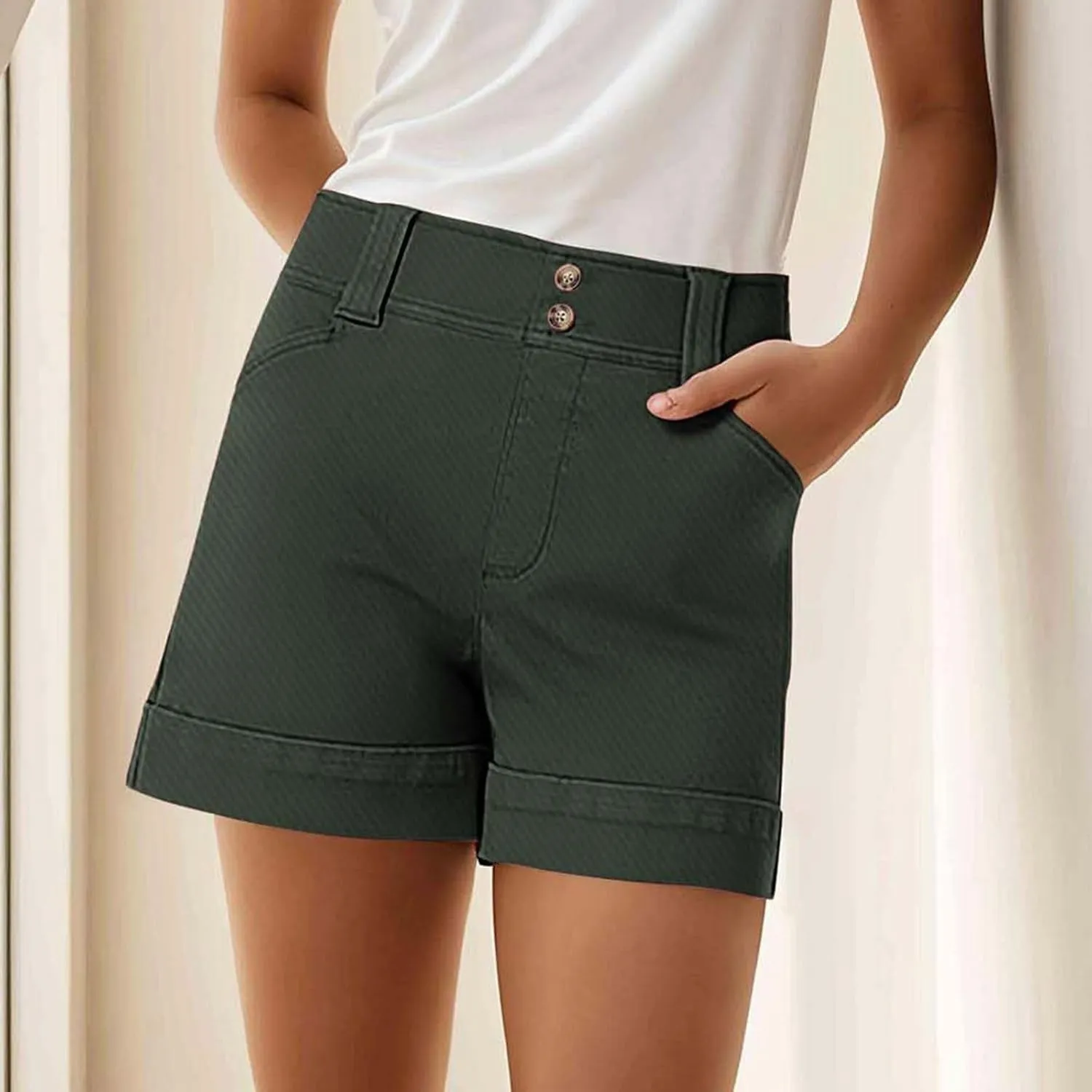 Women High Waisted Jean Shorts Stretchy Twill Denim Short for Women Folded Hem Chino Shorts Summer Jorts Plus Size