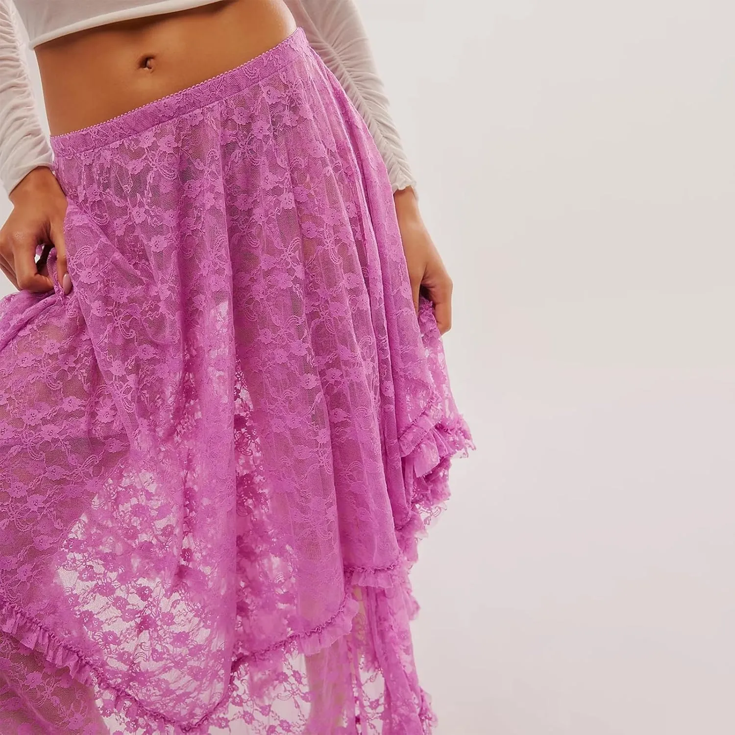 Women Lace Long Skirts Elastic Asymmetrical Layered See-Through Maxi Skirts Sexy Sheer Flowy Beach Cover-up Skirts
