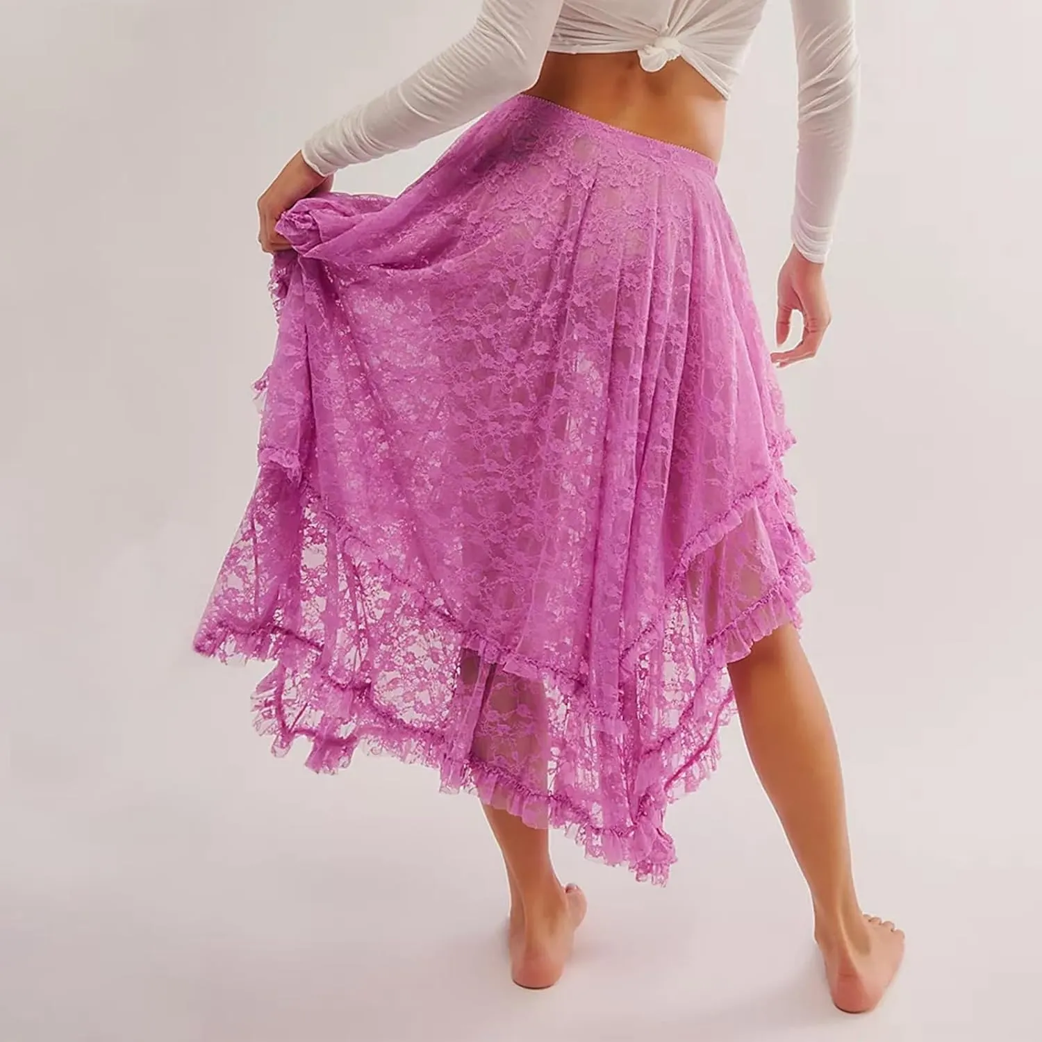 Women Lace Long Skirts Elastic Asymmetrical Layered See-Through Maxi Skirts Sexy Sheer Flowy Beach Cover-up Skirts