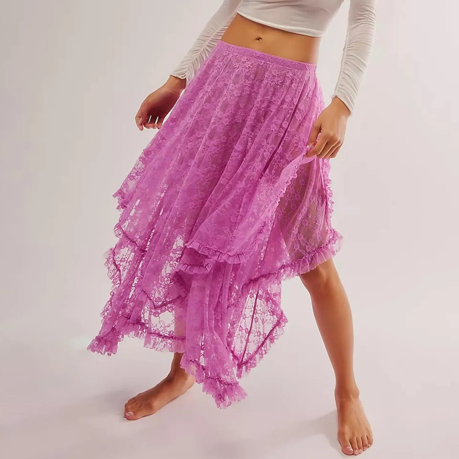 Women Lace Long Skirts Elastic Asymmetrical Layered See-Through Maxi Skirts Sexy Sheer Flowy Beach Cover-up Skirts
