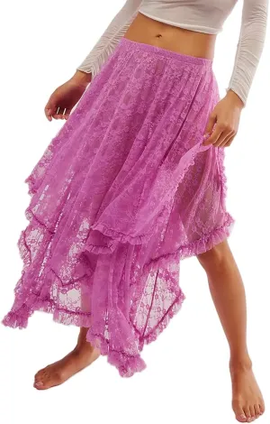 Women Lace Long Skirts Elastic Asymmetrical Layered See-Through Maxi Skirts Sexy Sheer Flowy Beach Cover-up Skirts