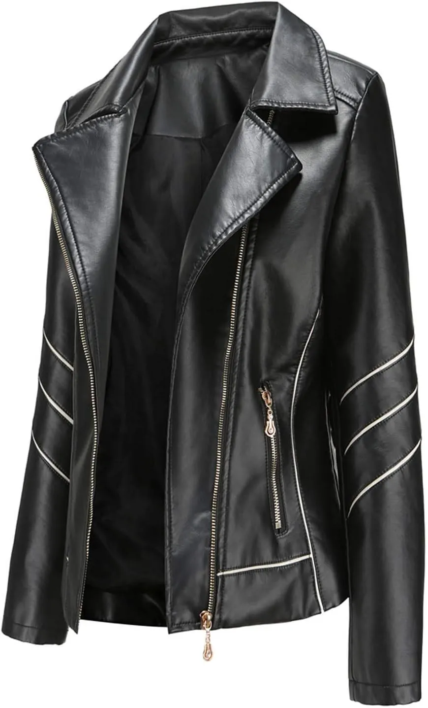 Women Leather Jacket Stand-Up Collar Zipper Stitching Solid Color Jacket Faux Leather Jacket Women Faux Leather