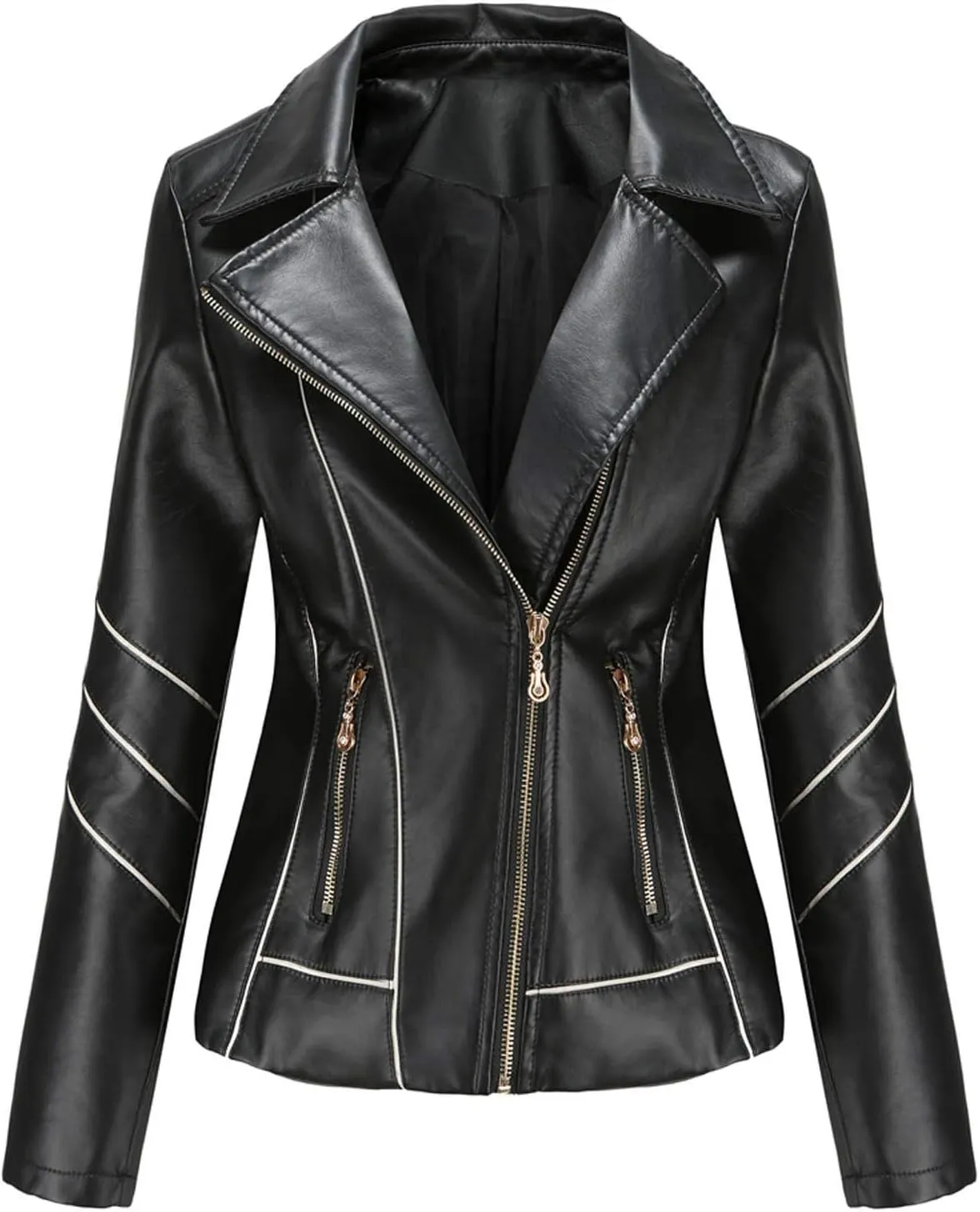 Women Leather Jacket Stand-Up Collar Zipper Stitching Solid Color Jacket Faux Leather Jacket Women Faux Leather