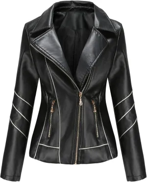 Women Leather Jacket Stand-Up Collar Zipper Stitching Solid Color Jacket Faux Leather Jacket Women Faux Leather