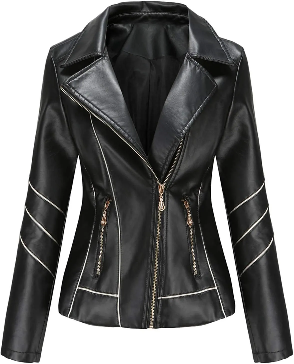 Women Leather Jacket Stand-Up Collar Zipper Stitching Solid Color Jacket Faux Leather Jacket Women Faux Leather