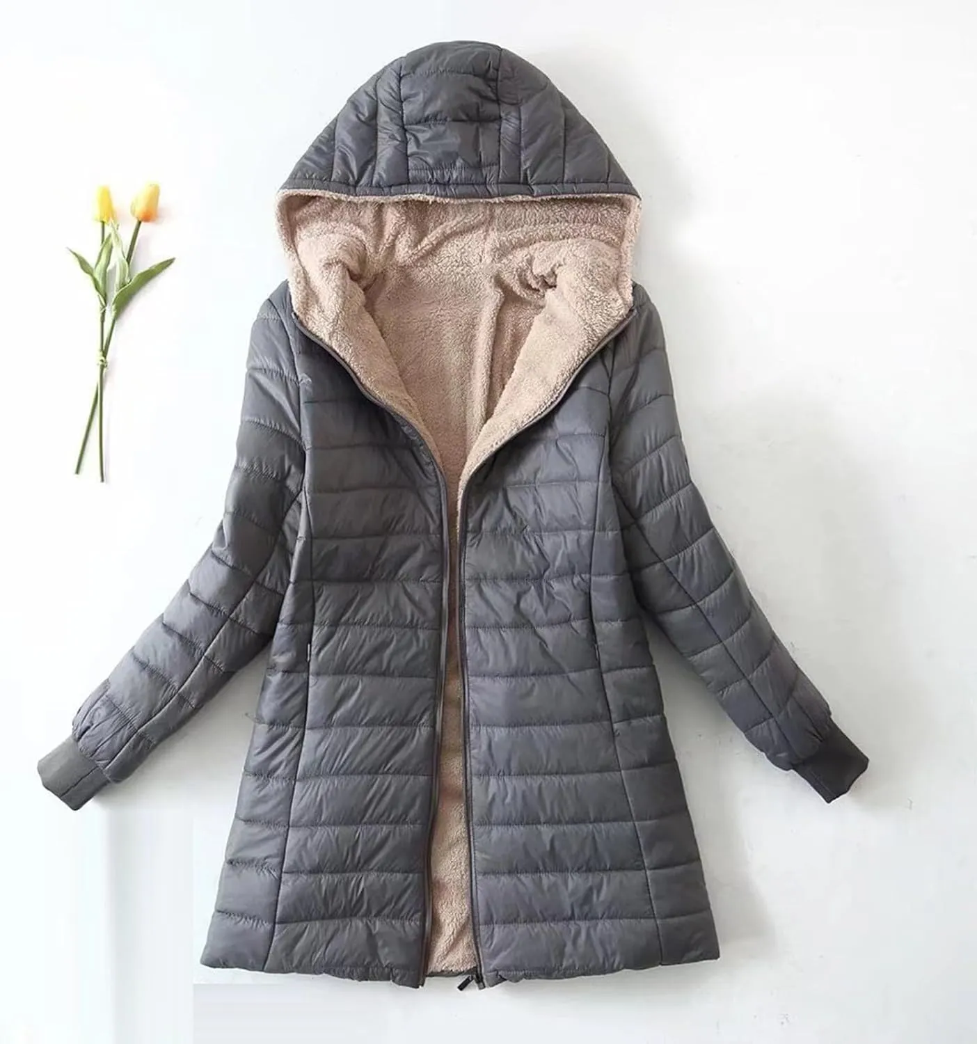 Women Lightweight Down Coat Packable Puffer Jacket Fleece Warm Winter Coat Hooded Mid-Length Jacket Outwear With Pocket