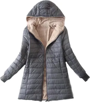 Women Lightweight Down Coat Packable Puffer Jacket Fleece Warm Winter Coat Hooded Mid-Length Jacket Outwear With Pocket