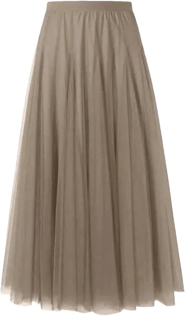 Women Pleated Midi Skirt Ladies Elastic High Waist Beach Tulle Skirts Mesh Skirt Teenage Girls A-Line Skirts