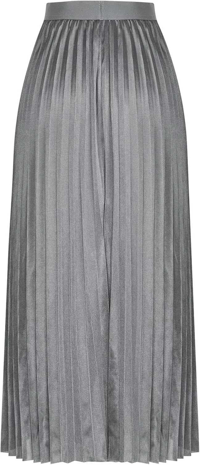 Women Satin Pleated Midi Skirts Elastic High Waisted Plus Size Boho Skirt Elegant Stretch A Line Long Dress