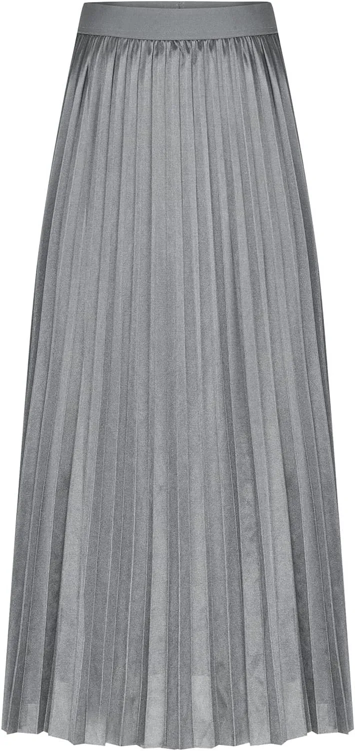 Women Satin Pleated Midi Skirts Elastic High Waisted Plus Size Boho Skirt Elegant Stretch A Line Long Dress