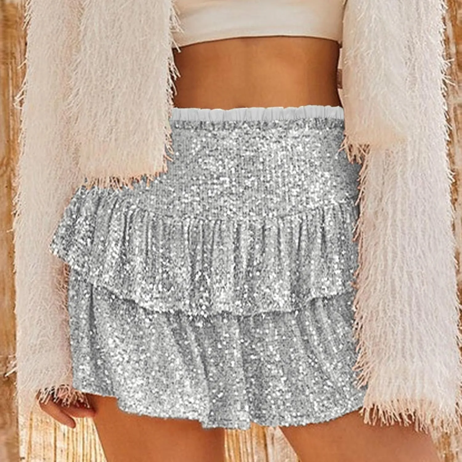 Women Sequin Skirt Sparkly Cute High Waist Ruffle Flowy Skirts Shiny Glitter Mini Short Skirts Night Out Club Party
