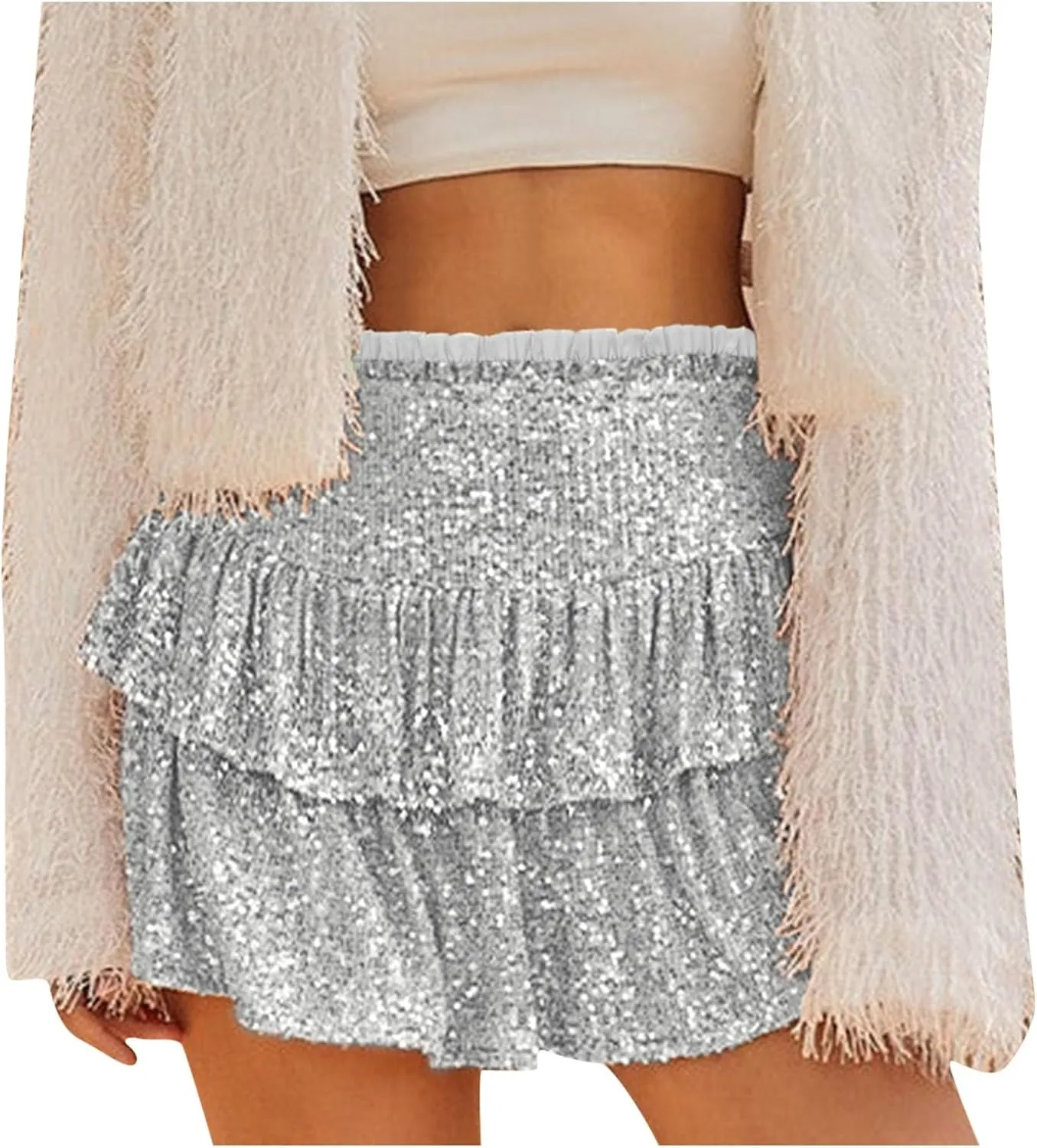 Women Sequin Skirt Sparkly Cute High Waist Ruffle Flowy Skirts Shiny Glitter Mini Short Skirts Night Out Club Party