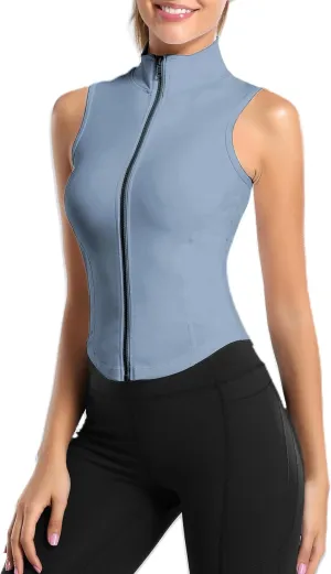 Women Summer Lightweight Cropped Athletic Zip Up Sleeveless Jackets Workout Gym Seamless Vests