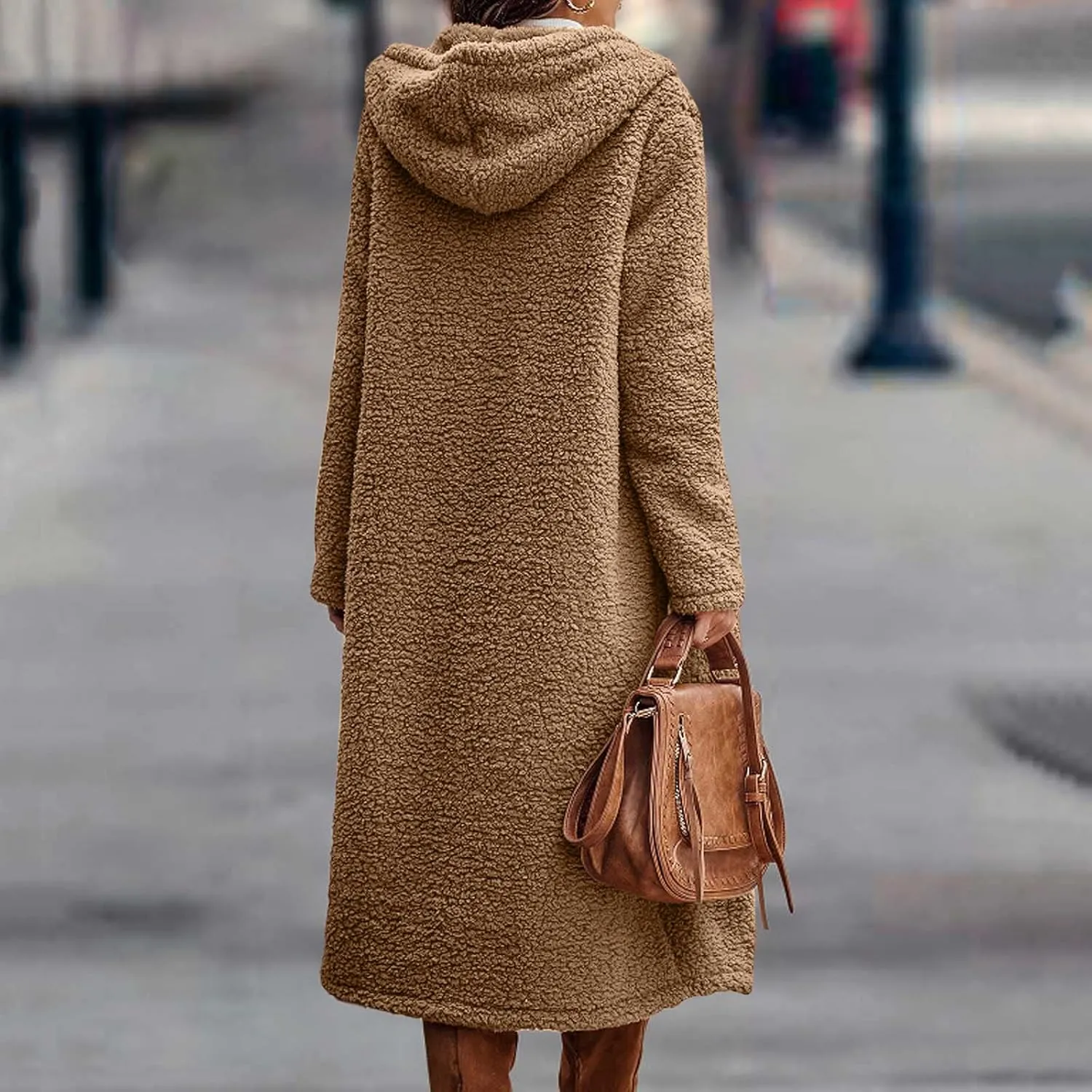 Women Winter Fuzzy Coat Warm Wool Fleece Trench Coat Fashion Faux Fur Long Peacoat Cute Fluffy Jackets with Hood