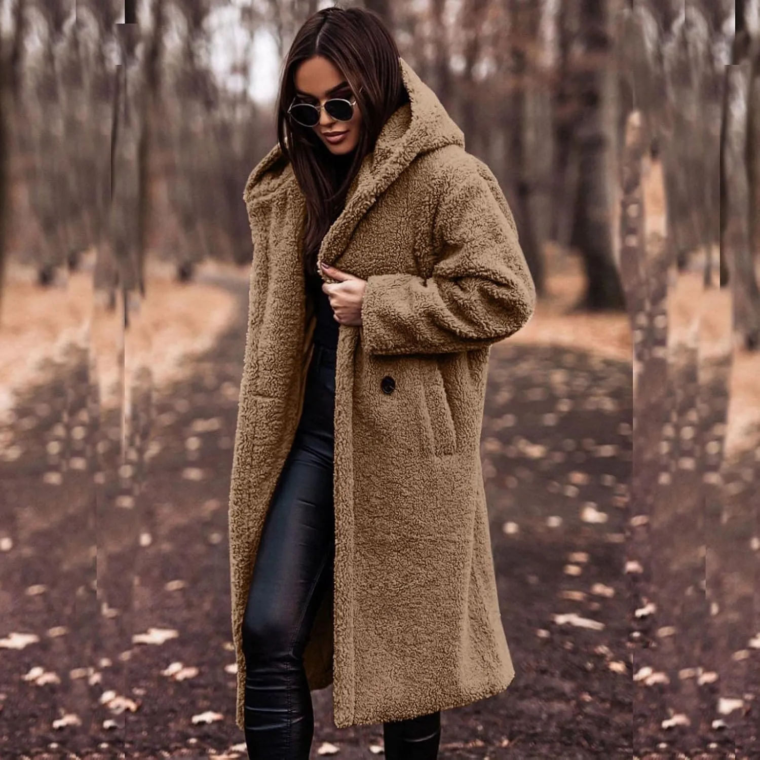 Women Winter Fuzzy Coat Warm Wool Fleece Trench Coat Fashion Faux Fur Long Peacoat Cute Fluffy Jackets with Hood