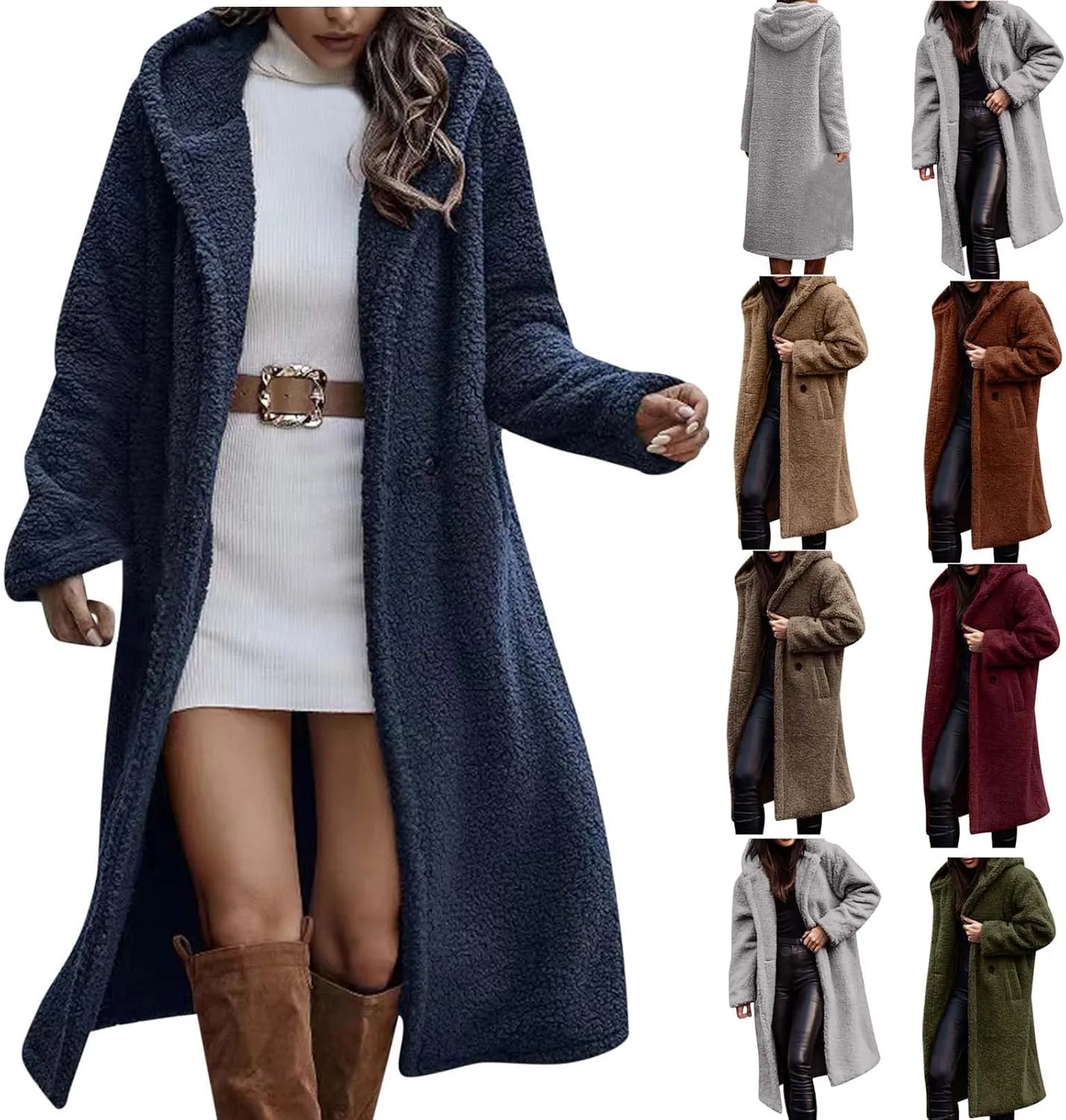 Women Winter Fuzzy Coat Warm Wool Fleece Trench Coat Fashion Faux Fur Long Peacoat Cute Fluffy Jackets with Hood