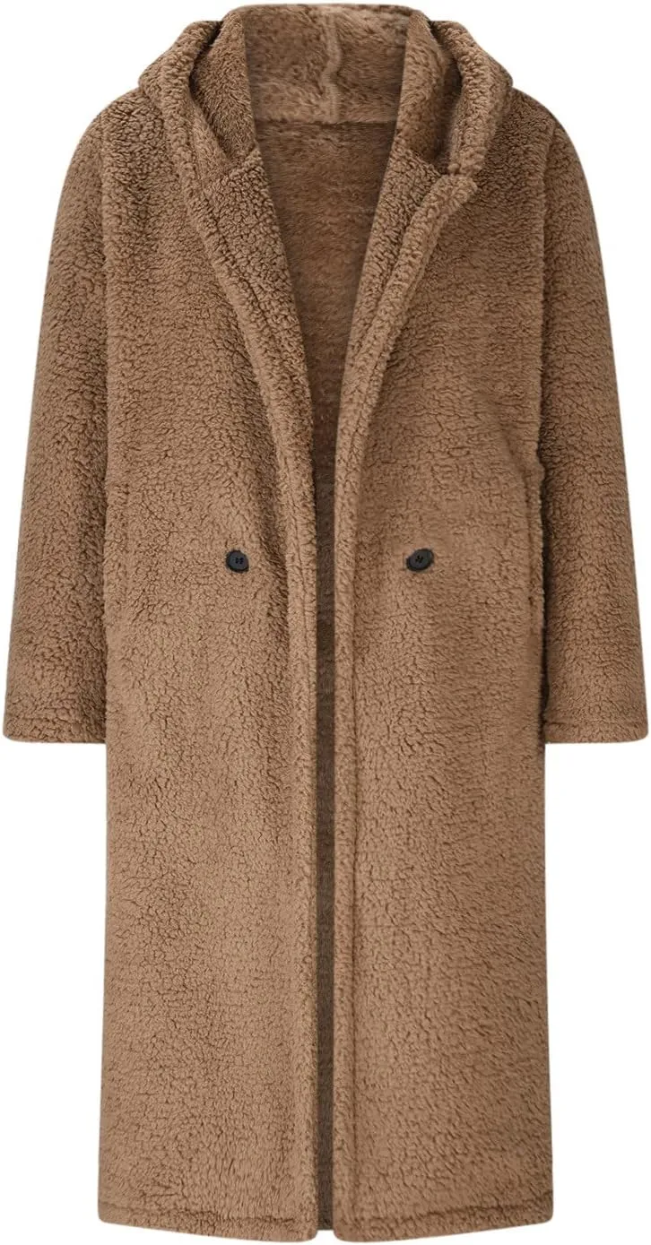 Women Winter Fuzzy Coat Warm Wool Fleece Trench Coat Fashion Faux Fur Long Peacoat Cute Fluffy Jackets with Hood