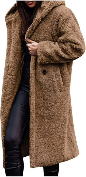 Women Winter Fuzzy Coat Warm Wool Fleece Trench Coat Fashion Faux Fur Long Peacoat Cute Fluffy Jackets with Hood