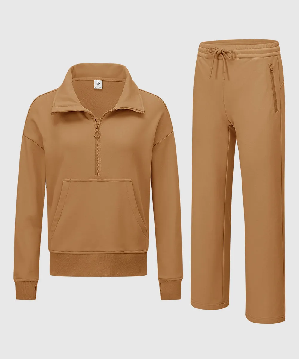 Women's 1/2 Zip Stand collar Pullover And Wide Leg Pants