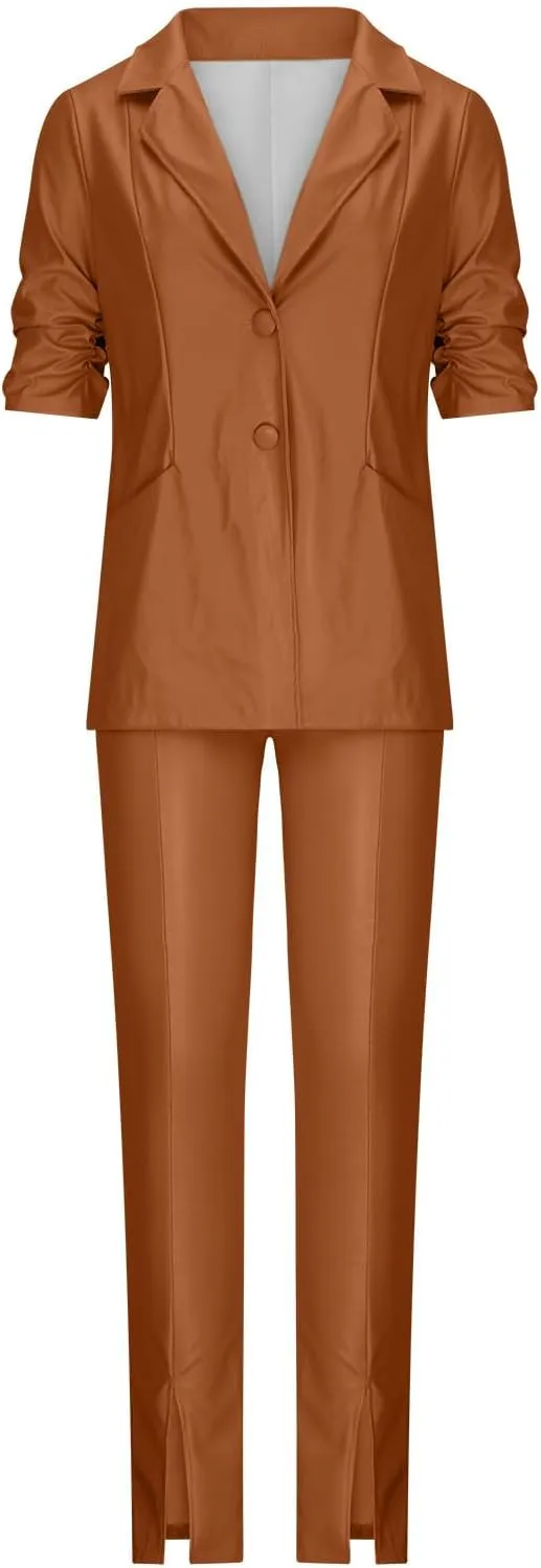 Women's 2 Piece Casual Outfits PU Leather Blazer Jackets High Waisted Split Pants Slim Work Pants Business Suit Set