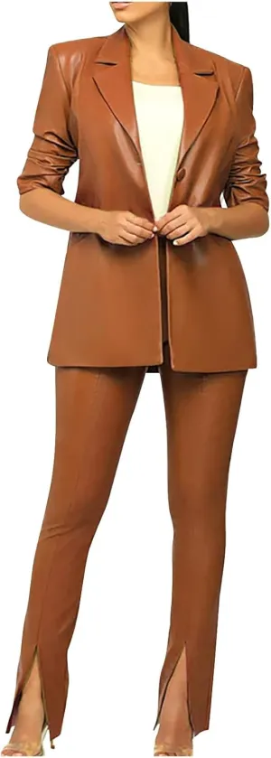Women's 2 Piece Casual Outfits PU Leather Blazer Jackets High Waisted Split Pants Slim Work Pants Business Suit Set