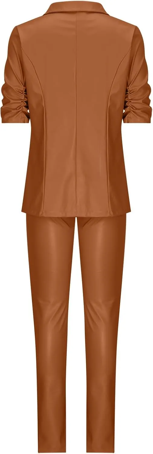 Women's 2 Piece Casual Outfits PU Leather Blazer Jackets High Waisted Split Pants Slim Work Pants Business Suit Set