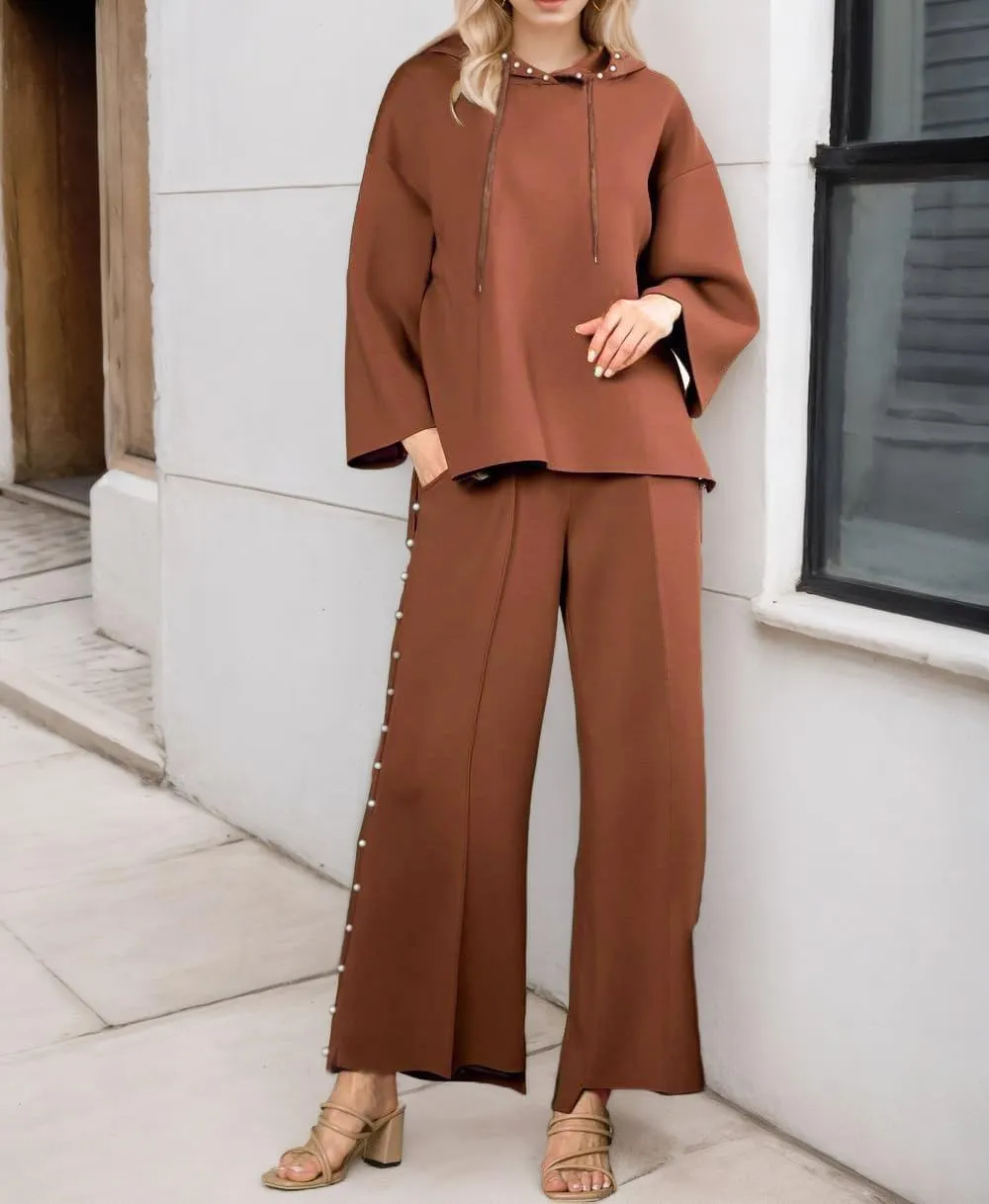 Women's 2 Piece Outfits Sweatsuit Sets Pearls Hoodie Top Wide Leg Pants Loose Lounge Set Tracksuits