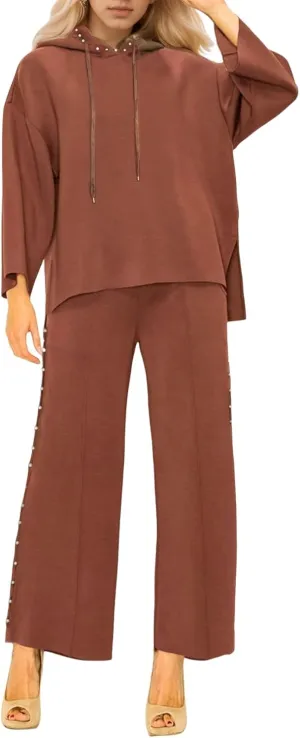 Women's 2 Piece Outfits Sweatsuit Sets Pearls Hoodie Top Wide Leg Pants Loose Lounge Set Tracksuits