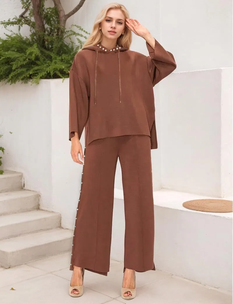 Women's 2 Piece Outfits Sweatsuit Sets Pearls Hoodie Top Wide Leg Pants Loose Lounge Set Tracksuits