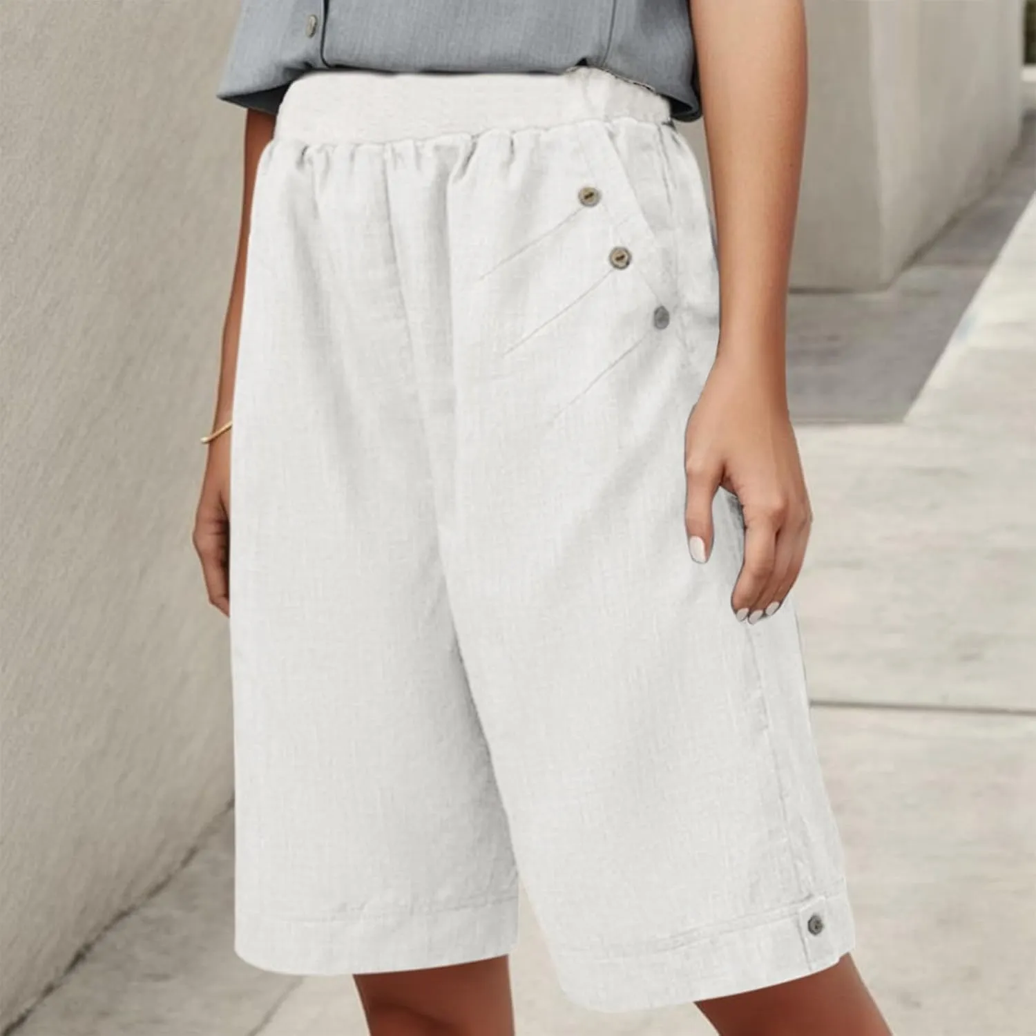 Womens 2024 Summer Casual Shorts Cotton and Linen Wide Leg Athletic Shorts Solid Buttons Sweat Cycling Short Pants 2024