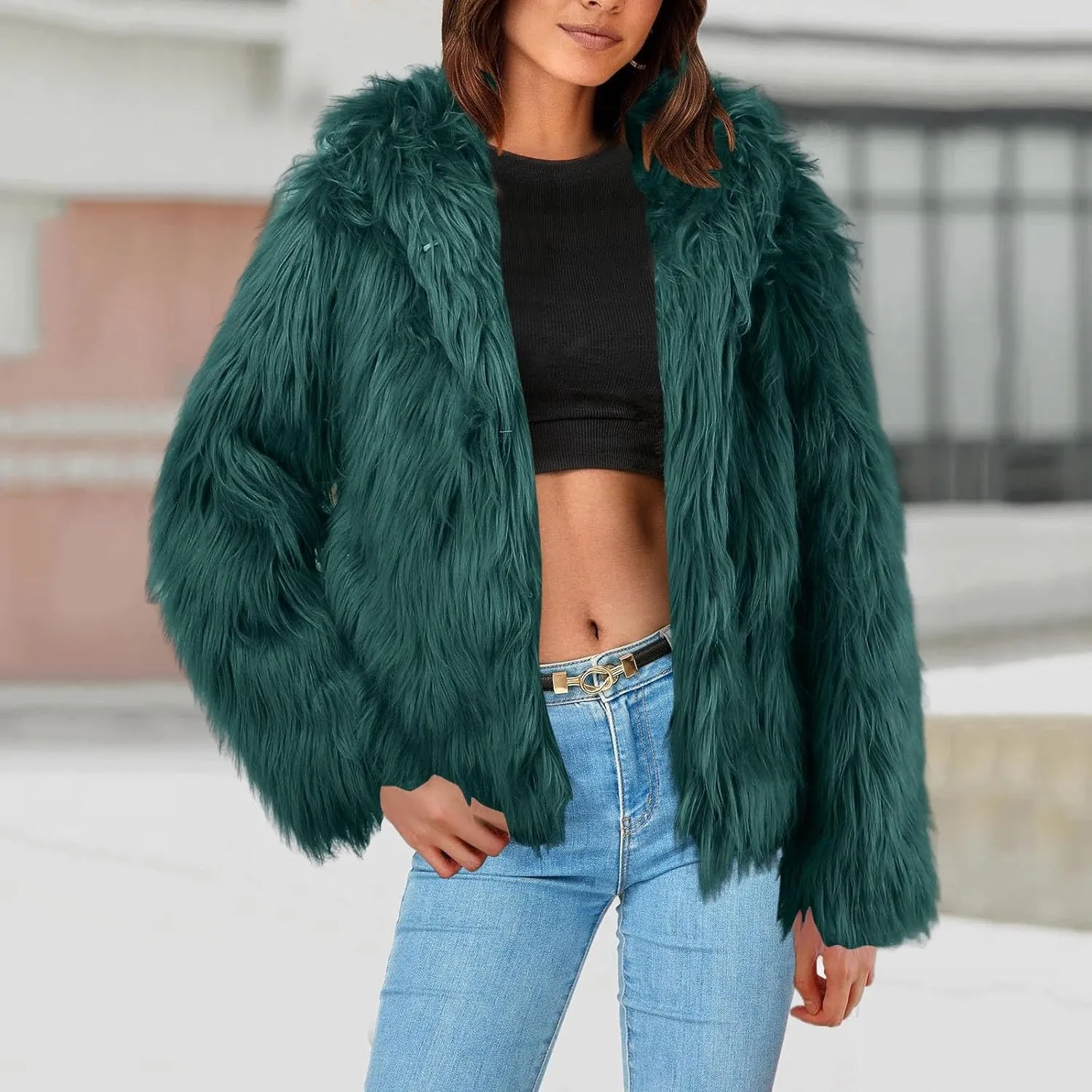 Women's 2024 Winter Coats Fleece Cropped Fuzzy Jacket Long Sleeve Pockets Shaggy Warm Outerwear Soft Clothes