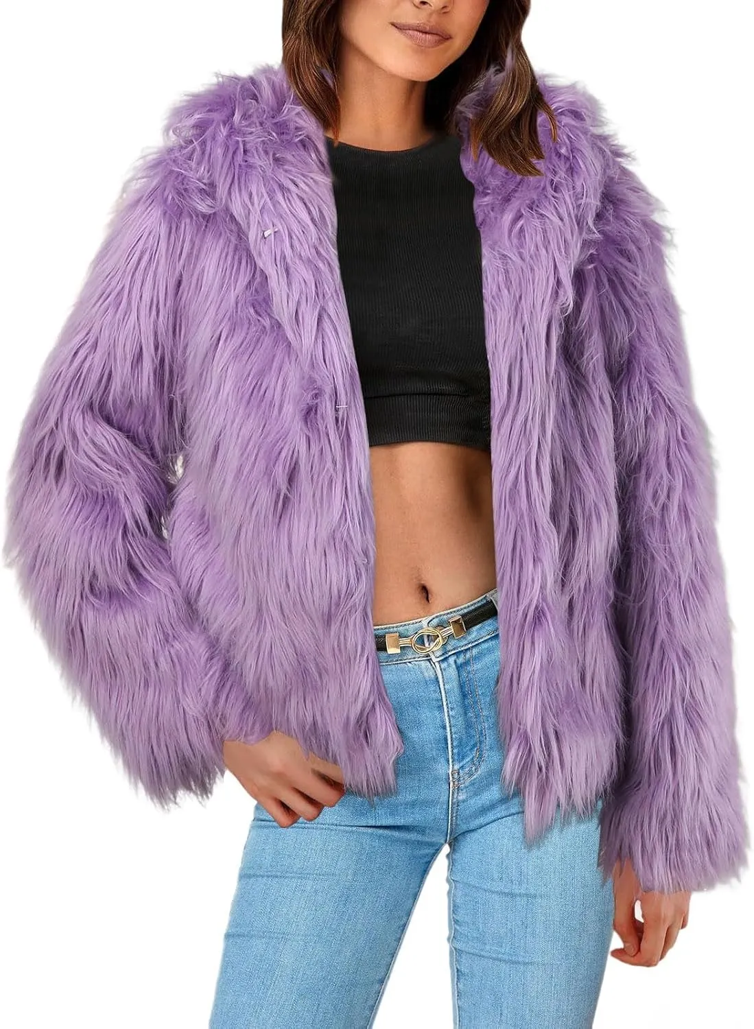 Women's 2024 Winter Coats Fleece Cropped Fuzzy Jacket Long Sleeve Pockets Shaggy Warm Outerwear Soft Clothes
