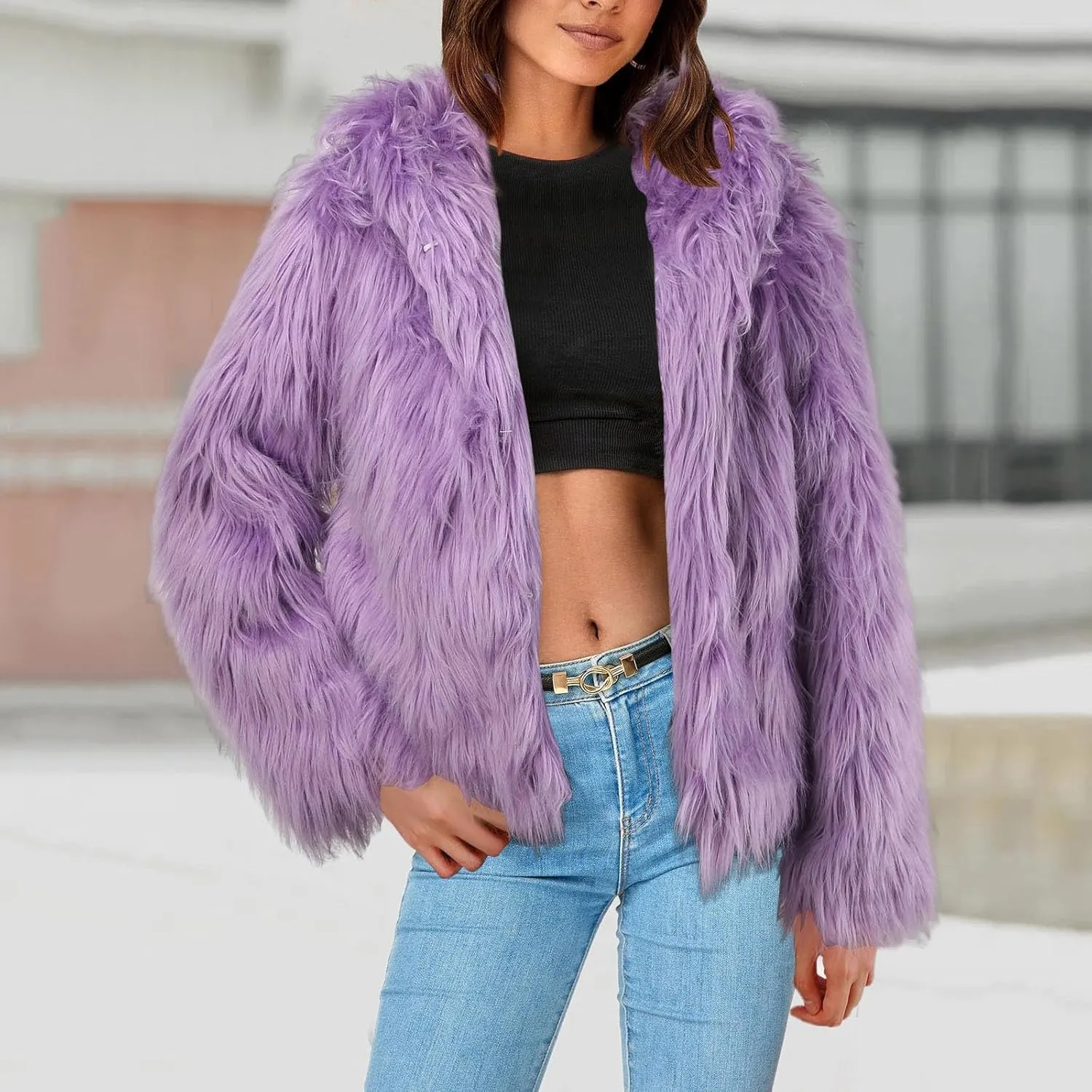 Women's 2024 Winter Coats Fleece Cropped Fuzzy Jacket Long Sleeve Pockets Shaggy Warm Outerwear Soft Clothes