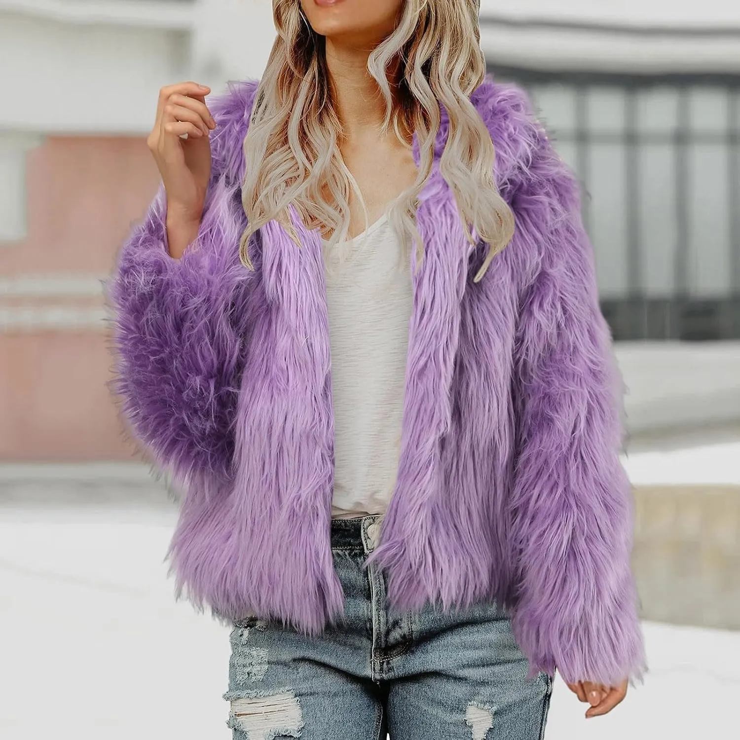 Women's 2024 Winter Coats Fleece Cropped Fuzzy Jacket Long Sleeve Pockets Shaggy Warm Outerwear Soft Clothes