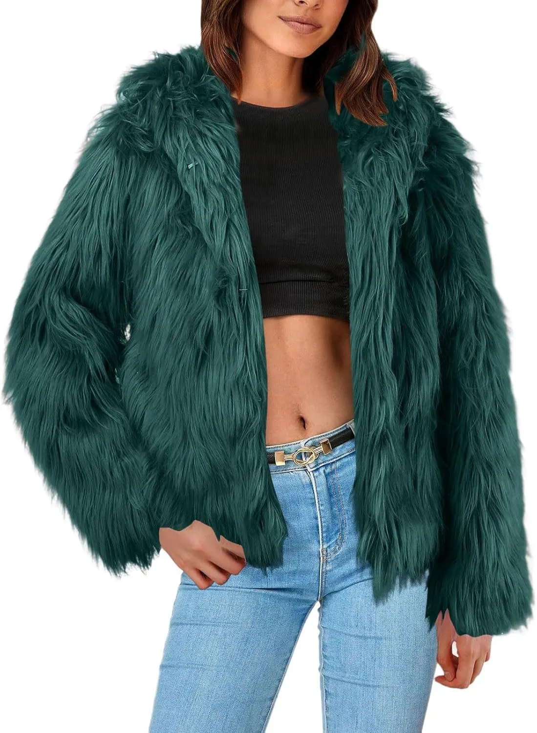 Women's 2024 Winter Coats Fleece Cropped Fuzzy Jacket Long Sleeve Pockets Shaggy Warm Outerwear Soft Clothes
