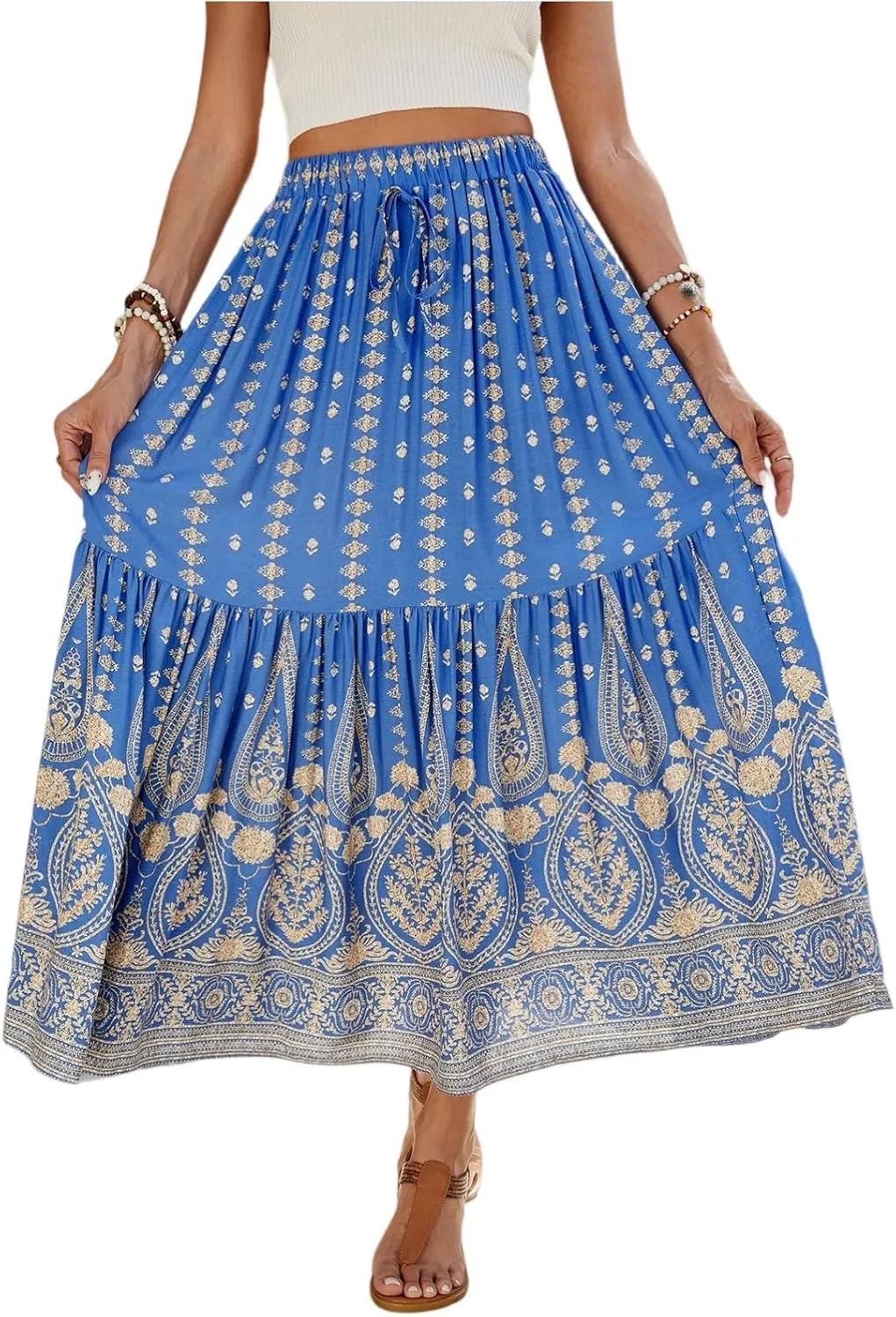 Women's 2025 Boho Skirt High Waist Floral Pleated Tiered Beach Flowy A Line Maxi Skirt, S-XL
