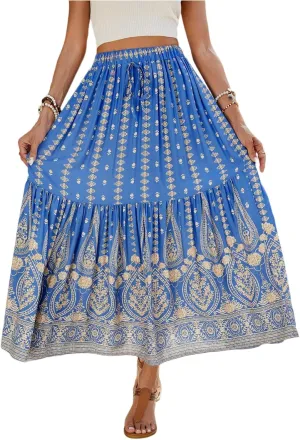 Women's 2025 Boho Skirt High Waist Floral Pleated Tiered Beach Flowy A Line Maxi Skirt, S-XL