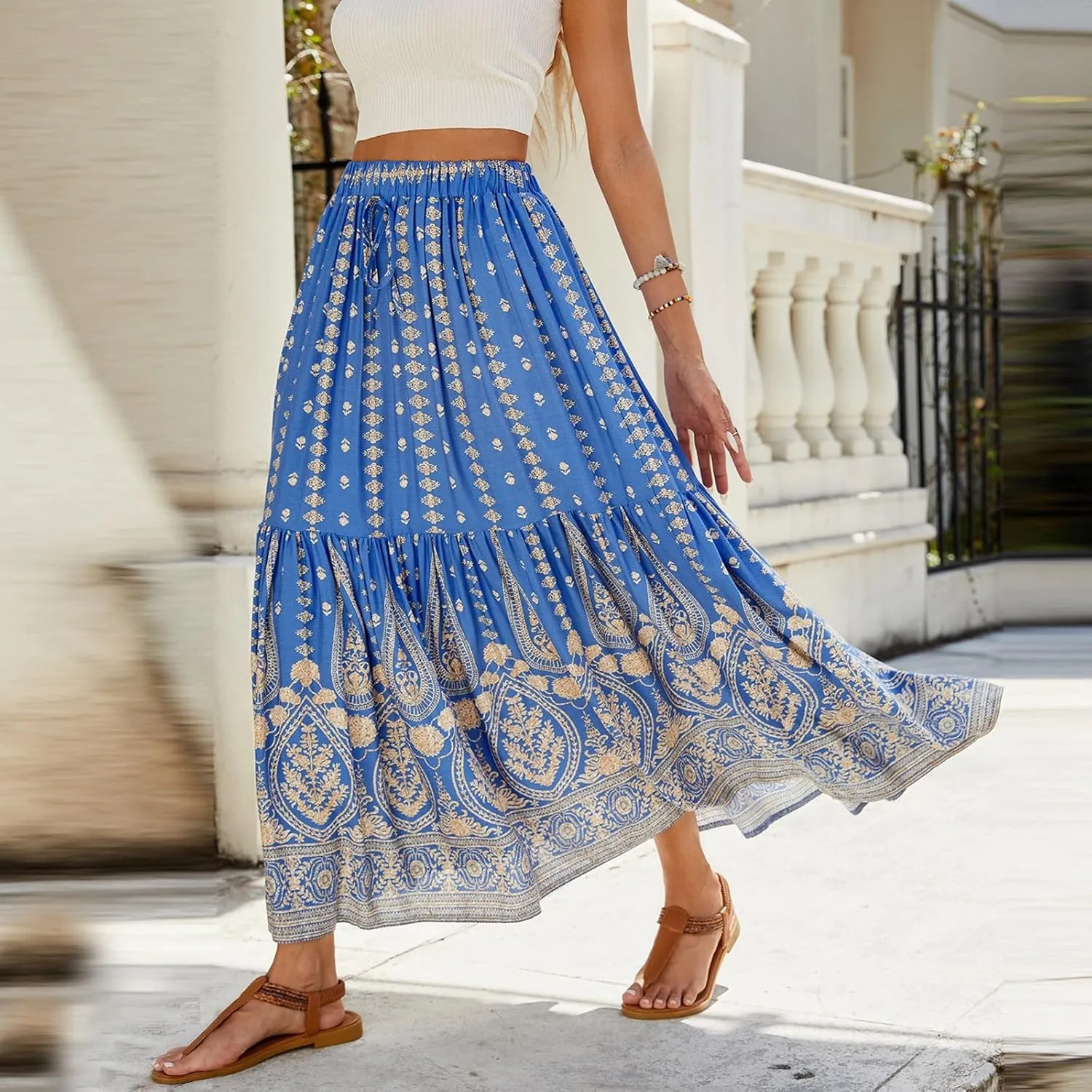 Women's 2025 Boho Skirt High Waist Floral Pleated Tiered Beach Flowy A Line Maxi Skirt, S-XL